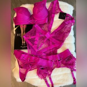 Honey Birdette 5 piece Belinda set in Hot Pink color.